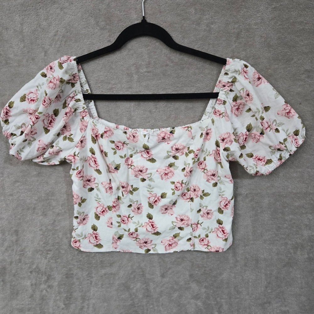 Crop Top XL Pink Floral Smocked Milkmaid Dainty Cottagecore Coquette Fairy Puff